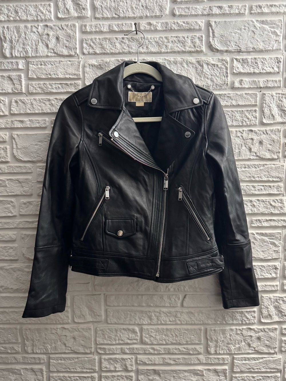 Michael Kors Black Leather Moto Jacket XS Biker Motorcycle Silver Hardware